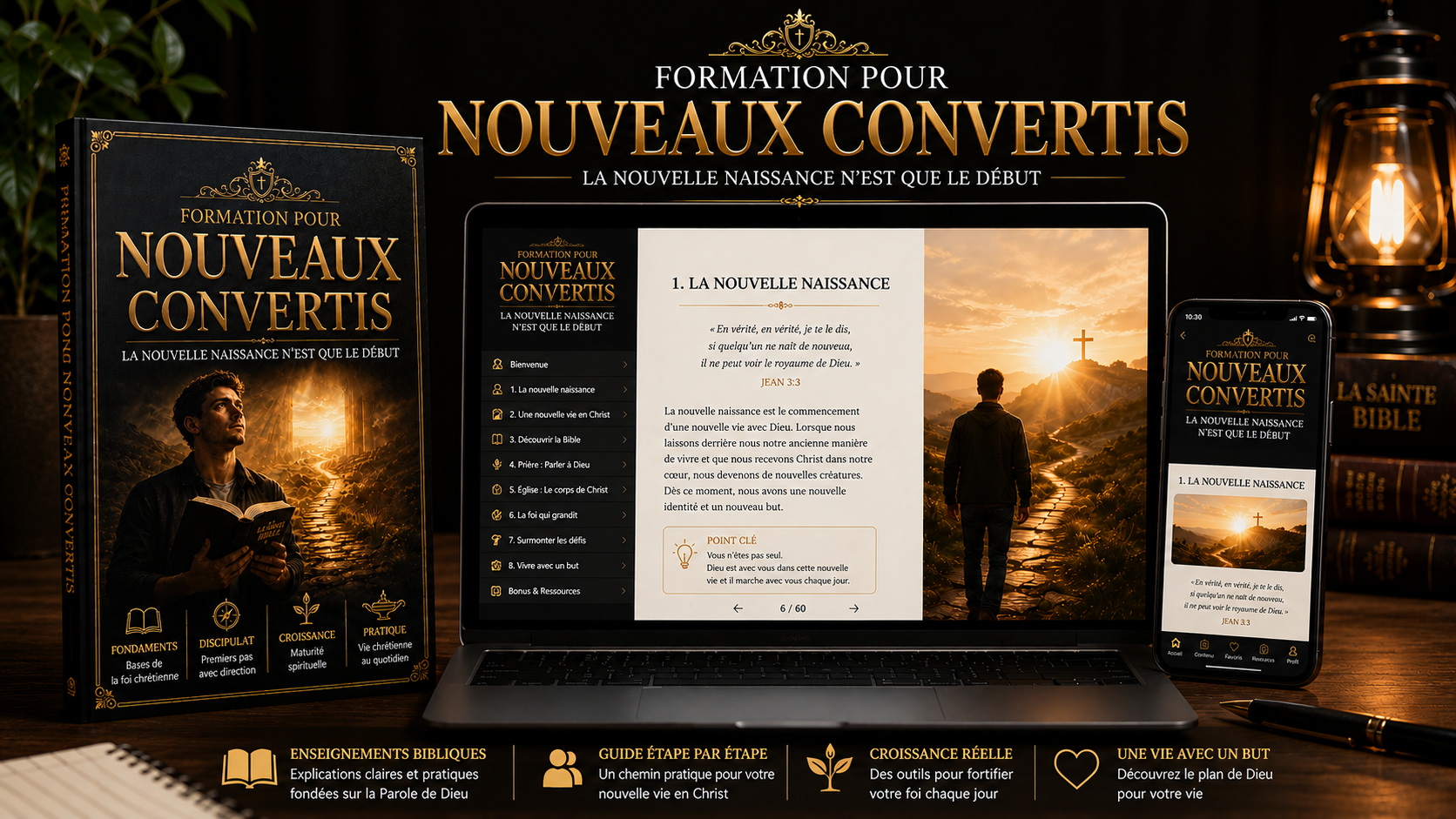 Formation présentée sous forme de livre, sur ordinateur et sur téléphone